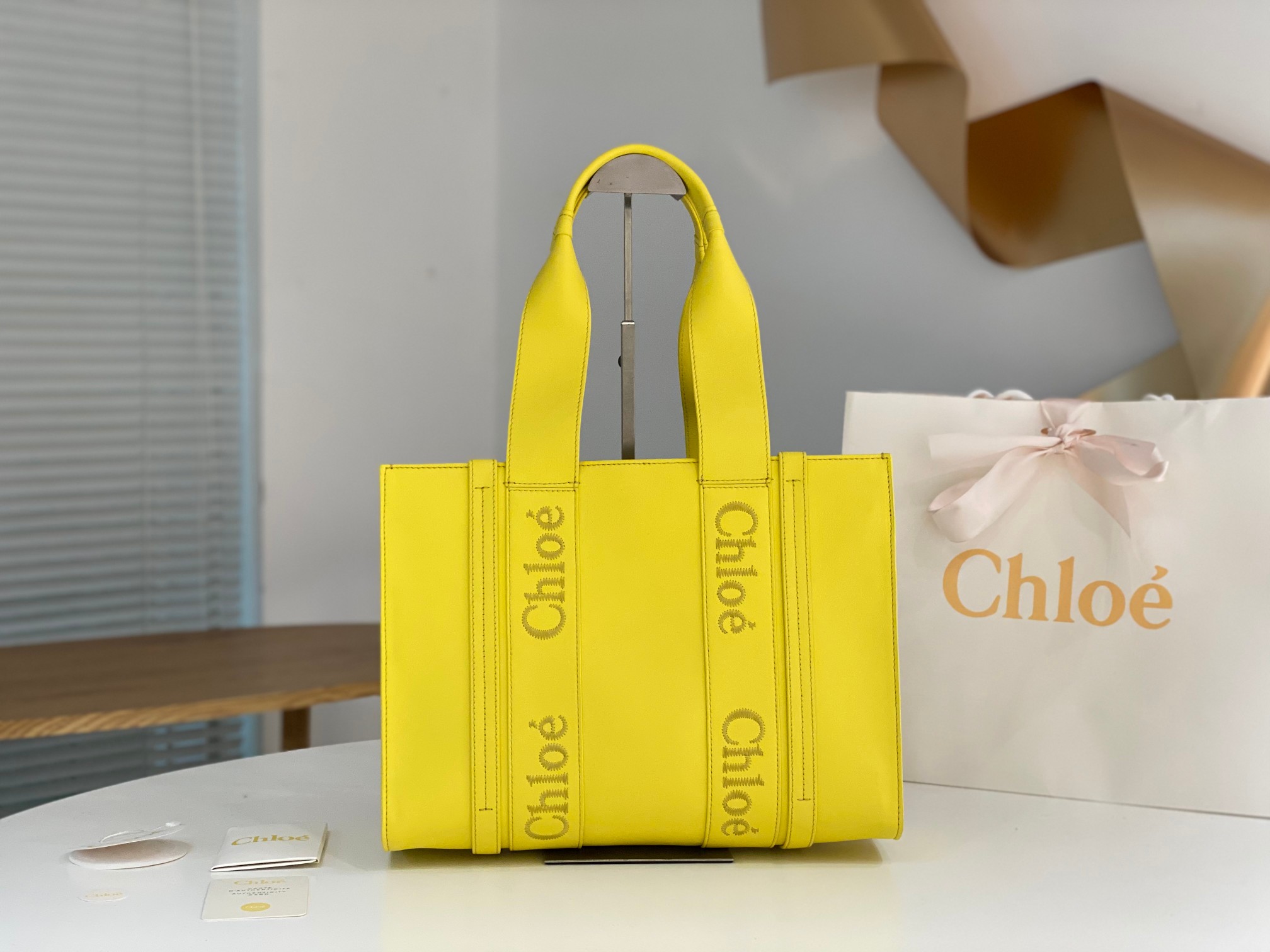 Chloe Medium Woody Tote Bag In Yellow Soft Smooth Calfskin Leather